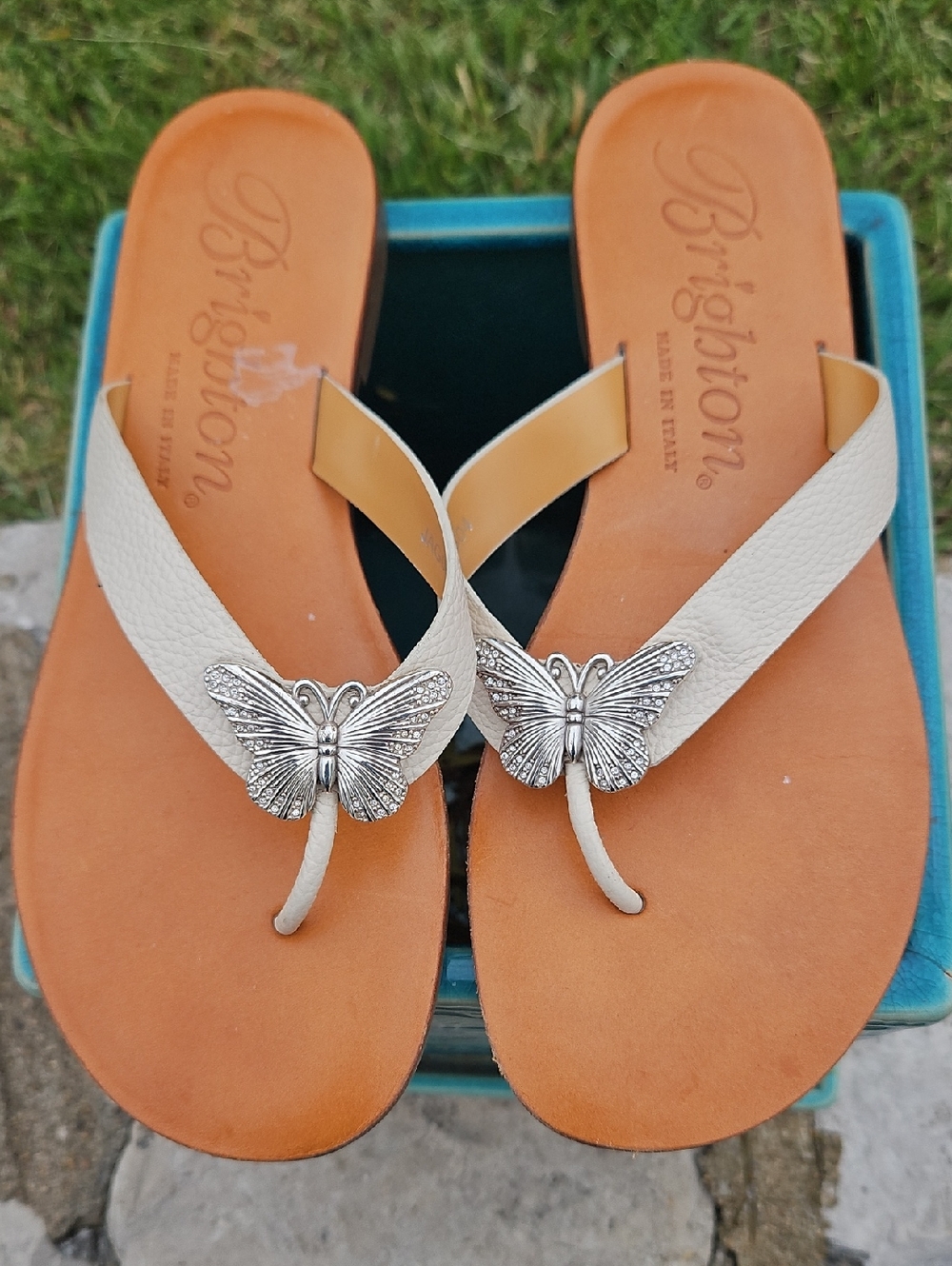 Brighton Aloft Pebbled Leather Thong Sandals with Silverplated Butterflies
